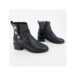 Chanel 2017 Karl Lagerfeld Quilted Black Leather Pearl Button Ankle Boots EU 37